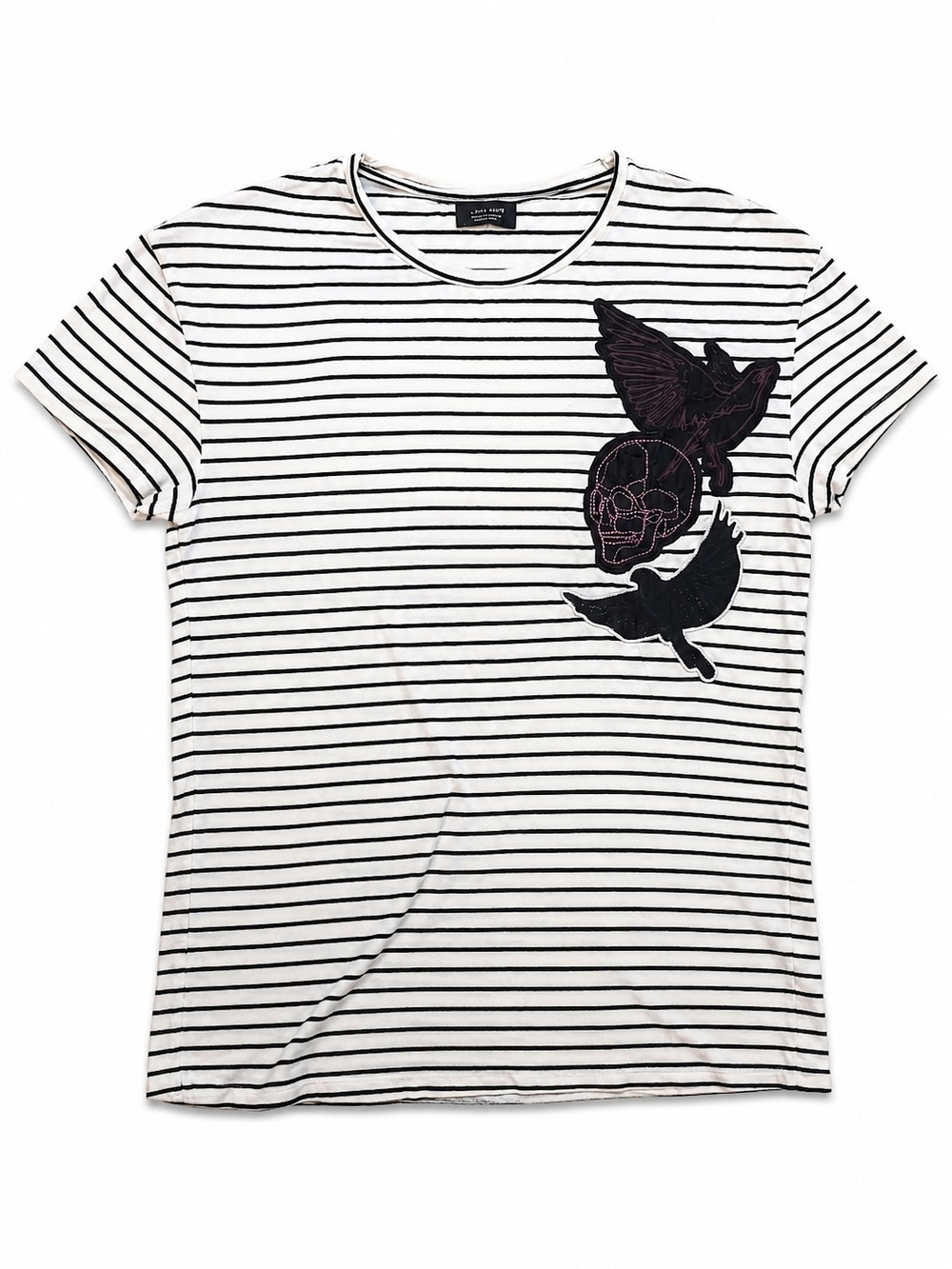 Zara Men's White Black Striped Short Sleeve Tee with Embroidered Skull & Birds